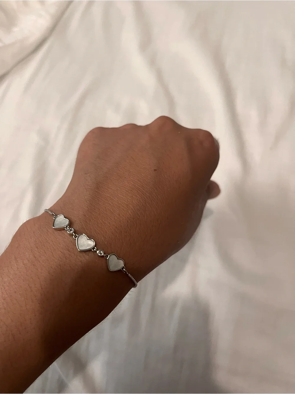 Silver Heart Link Bracelet - White Hearts